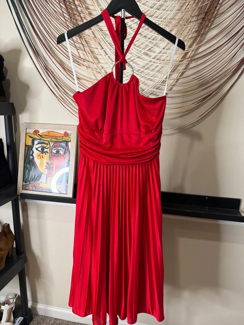 Betsy Adam red pleated halter dress s-m 2793
